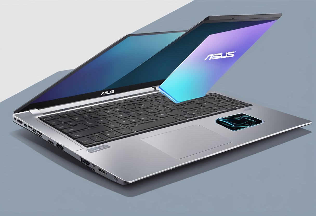 An open Asus laptop with a power button and keyboard visible, displaying a restart screen