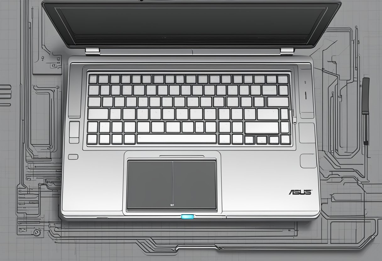 An open Asus laptop with a power button being pressed, while the screen displays the restart process