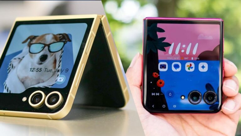 Samsung Galaxy Z Flip 6 in flex mode showing cover display next to Motorola Razr Plus 2024 cover screen